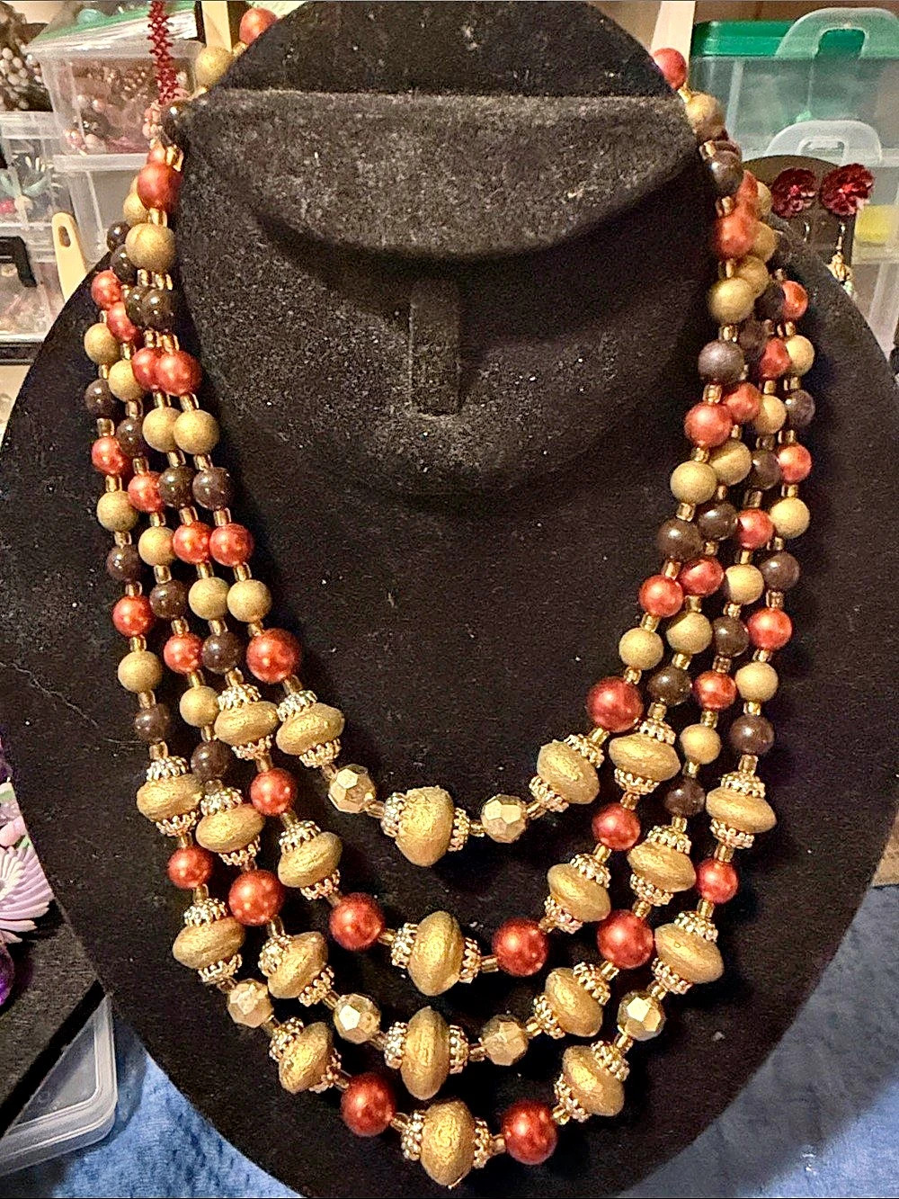 Vintage Japan Layered Beaded Necklace in Plum Black & Gold. Unique!